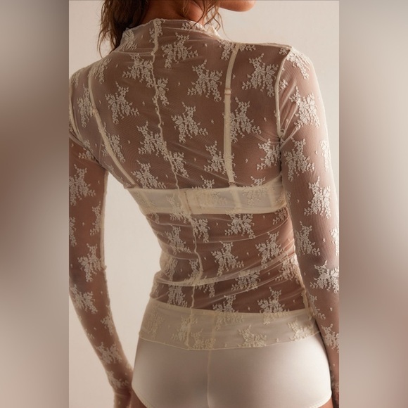 Tops Mesh w/ Lace Long Sleeve Mock Neck Sexy w/ Thumb Hole~ White or Cream - Picture 15 of 16